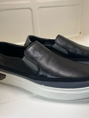 Black Slip-On Leather Loafers with White Platform Sole